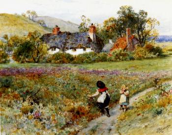 Children Playing On A Path Cottages Beyond
